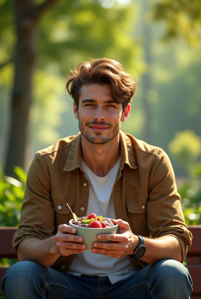 realistic man 25 to 35 years old, in park, salmonete, chestnut hair, brown eye eating acai in a cup in the park, ultra HD, high qualiy, best qualityer, high resolution, 8k, 16K