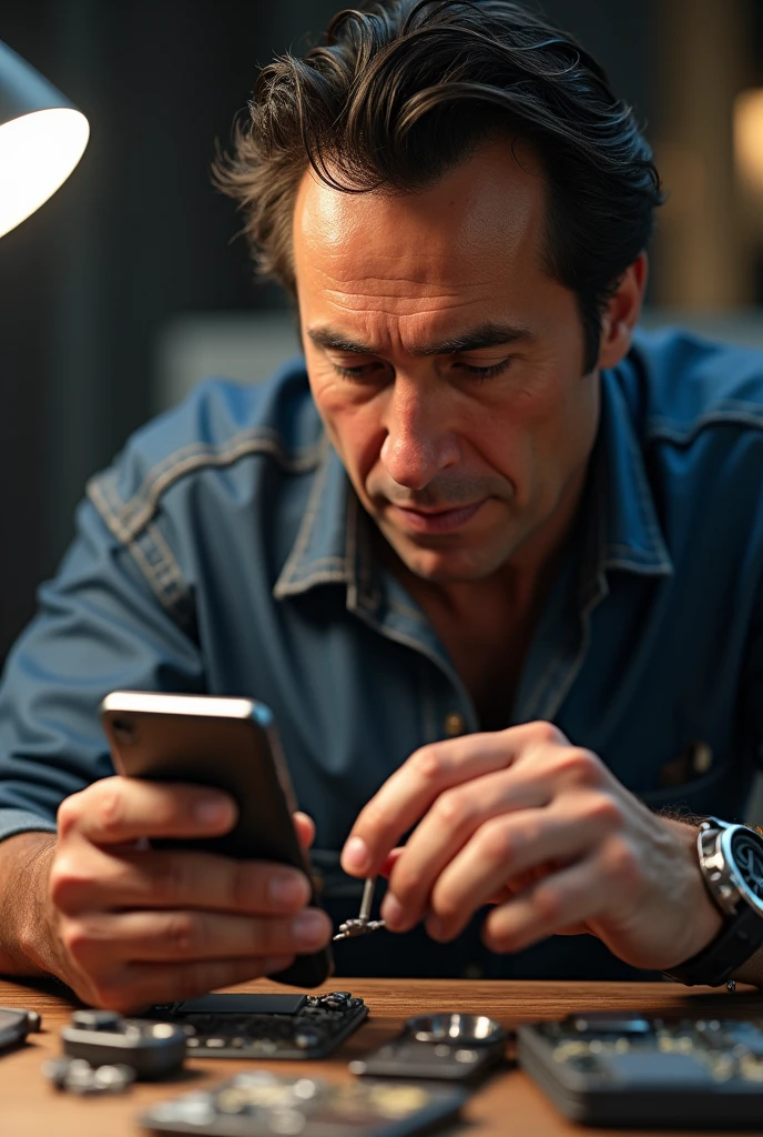 Brazilian television presenter Silvio Santos fixing a cell phone