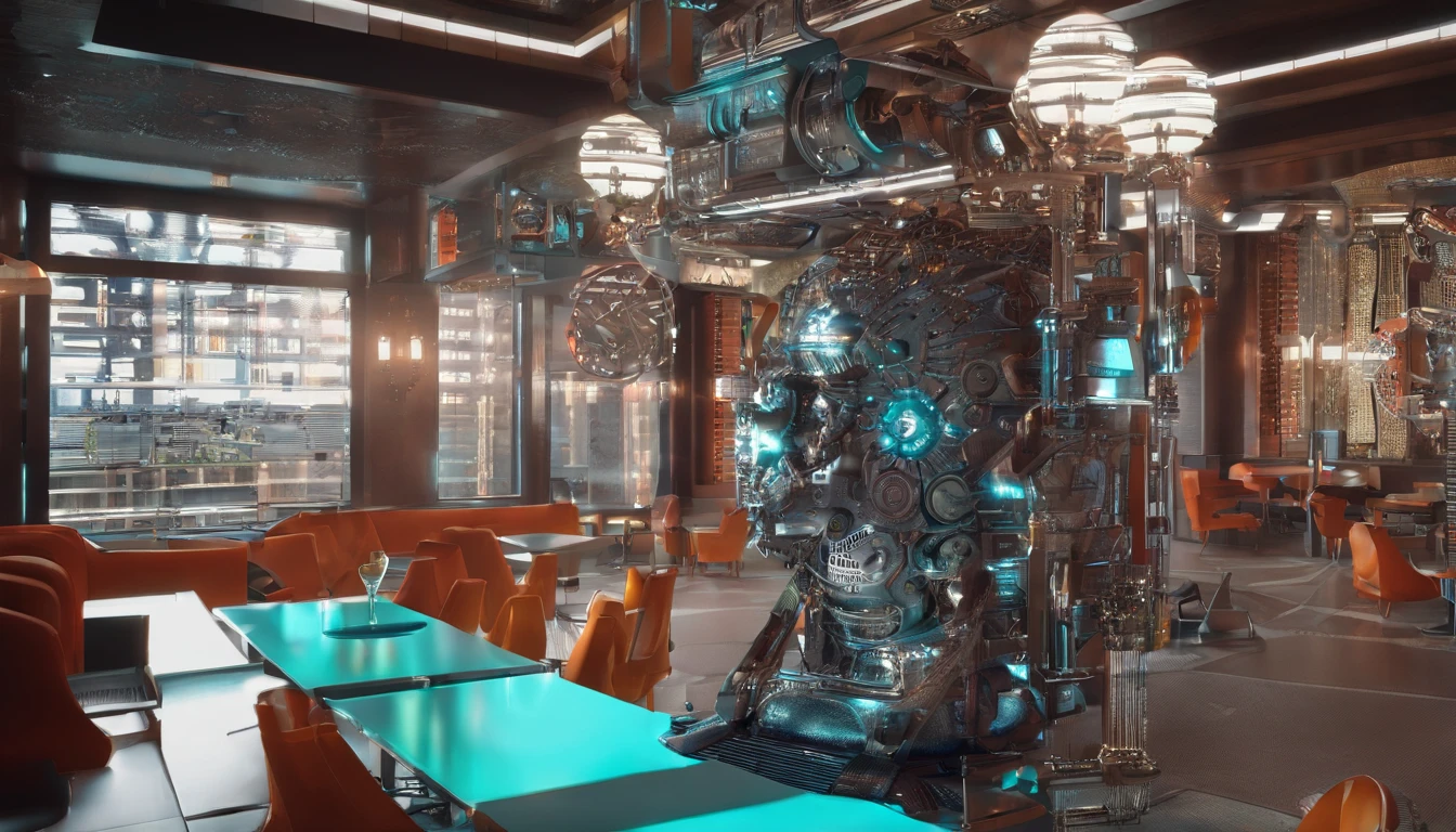 62 Borg serving customers, at a restaurant, in Holyoke MA, portrait photography, 3d render, cinematic. 3D render of Borg, styled with intricate gears, metallic textures. The Borg are equipped with advanced utensils, and mechanical enhancements.