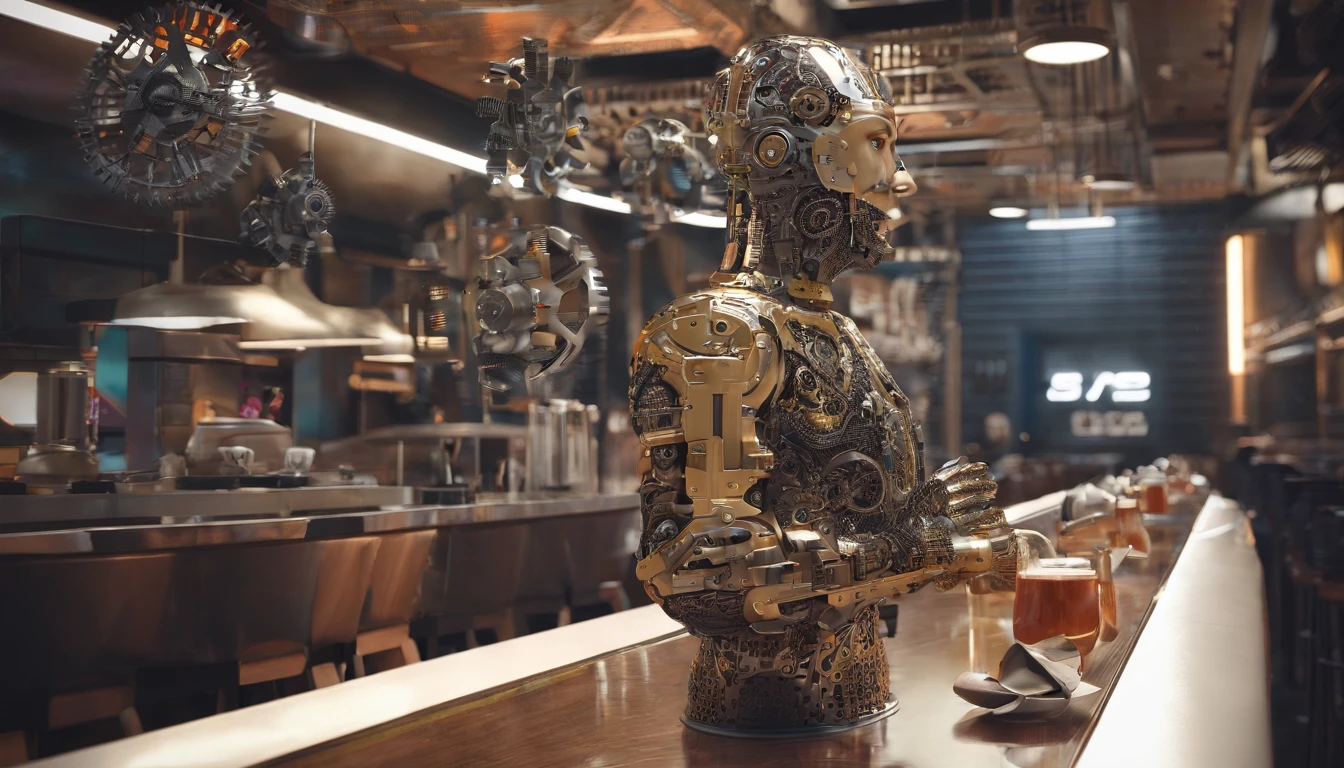 62 Borg serving customers, at a restaurant, in Holyoke MA, portrait photography, 3d render, cinematic. 3D render of Borg, styled with intricate gears, metallic textures. The Borg are equipped with advanced utensils, and mechanical enhancements.