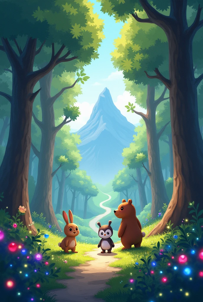  An enchanted forest with tall, shining trees, whose leaves reflect different colors like jewels. Ao fundo, there is a trail that leads to a distant mountain. at the forest, Tico, the jumping rabbit, luna, The wise owl, and Bento, the gentle bear, are gathered under the soft sunlight, ready to start your journey