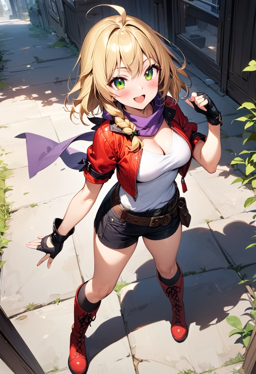 (masterpiece),(best quality),(ultra-detailed),(best illustration),(best shadow),(absurdres),(detailed background),(very aesthetic), 1girl, solo, blonde-hair, braid, boots, ahoge, shorts, gloves, fingerless-gloves, open-mouth, belt, socks, red-jacket, smile, breasts, black-socks, scarf, single-braid, reverse-grip jacket, side-braid, cleavage, medium-breasts, simple-background, kneehighs, green-eyes, looking-at-viewer, cropped-jacket, purple-scarf, bandana, red-footwear, kirisame-marisa, blush, knee-boots, standing, short-hair, open-jacket, shirt, black-gloves, :d, short-shorts, short-sleeves