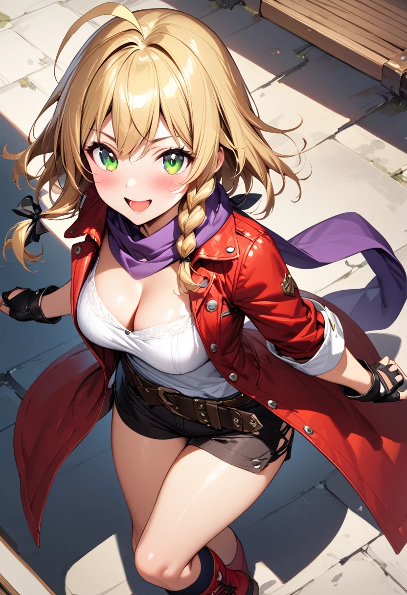 (masterpiece),(best quality),(ultra-detailed),(best illustration),(best shadow),(absurdres),(detailed background),(very aesthetic), 1girl, solo, blonde-hair, braid, boots, ahoge, shorts, gloves, fingerless-gloves, open-mouth, belt, socks, red-jacket, smile, breasts, black-socks, scarf, single-braid, reverse-grip jacket, side-braid, cleavage, medium-breasts, simple-background, kneehighs, green-eyes, looking-at-viewer, cropped-jacket, purple-scarf, bandana, red-footwear, kirisame-marisa, blush, knee-boots, standing, short-hair, open-jacket, shirt, black-gloves, :d, short-shorts, short-sleeves
