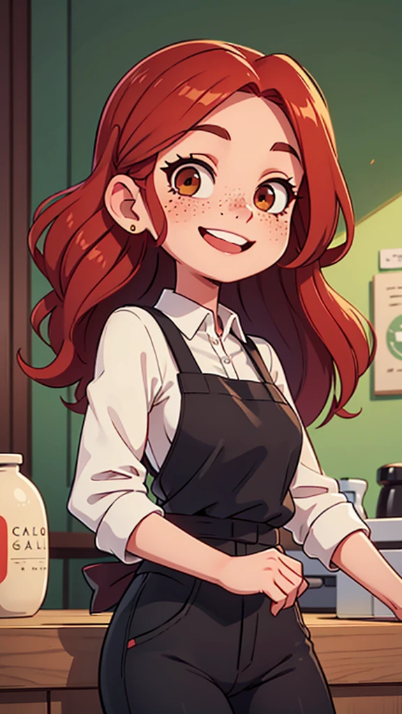 Beautiful woman, white complexion, long wavy red hair, brown eyes, expressive eyes, freckles on her face, smile, black pants, white blouse, green apron