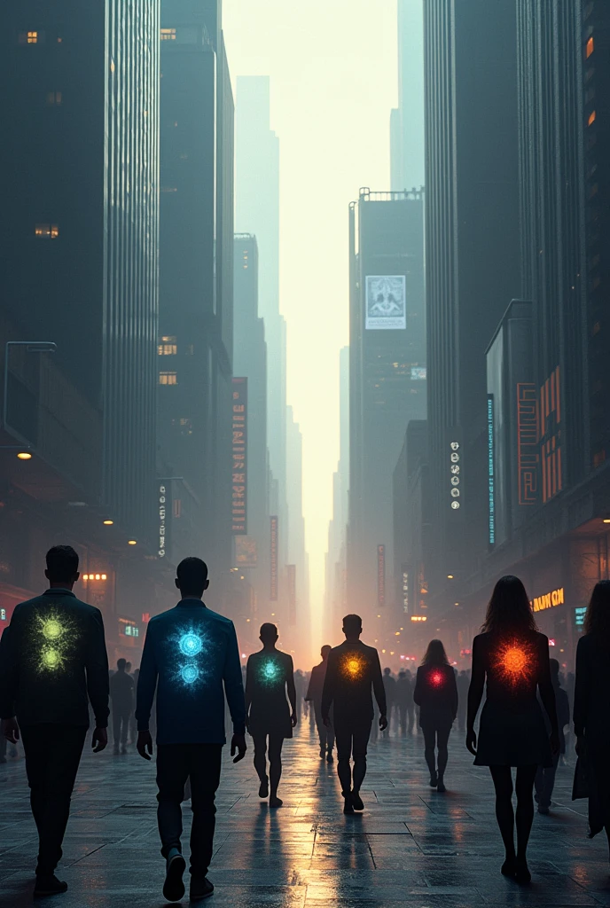 Image description:
Theme: Street of a large technological city with human figures
Instructions:
Environment: A street in a big city with technological and modern buildings.
Human Figures: Silhouettes of men and women walking in different directions.
Additional Details: All 7 chakras should be visible on the silhouettes' bodies.