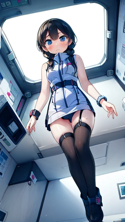 (Highest quality), (masterpiece), 1080P, High resolution, 4K, 8k, Inside the space station、Futuristic room、Thigh straps, Shooting from directly below, The woman on top of me, 白いSweat, Covered , Sweat, Woman looking down, Skirt swimsuit, Thigh-high socks, To achieve this, , , whole body, Black leather shoes, Braided hair, Inner Color, Embarrassed face, Short black hair, bracelet, Bedroom,celestial body_Vest
