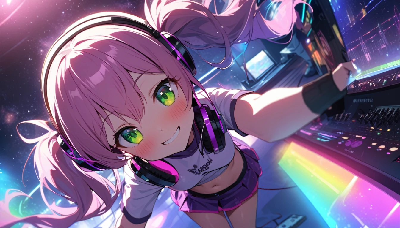 masterpiece, 1girl ((20year old, crop top shirt exposes navel, purple miniskirt, sneakers, medium breasts, multicolor pink hair, twin ponytails, green eyes, flirting, happy, big smile, looking up, headphones, a DJ , dance club, neon lighting and colorful, futuristic dance club, futuristic and exciting atmosphere)) ((solo)) ((high camera angle, top view)) playing in the moon, light, space scene, moonlit confession, galaxy, dark starry sky,