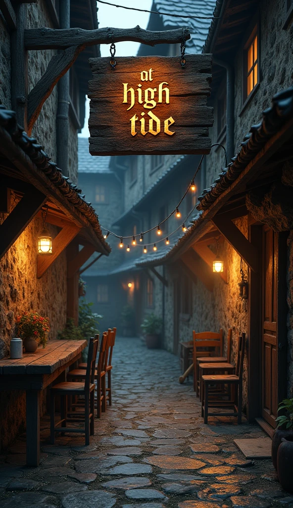 A medieval tavern named after "At High Tide". A discreet place, with a weathered wooden sign swaying in the wind and narrow windows that barely let in any light.