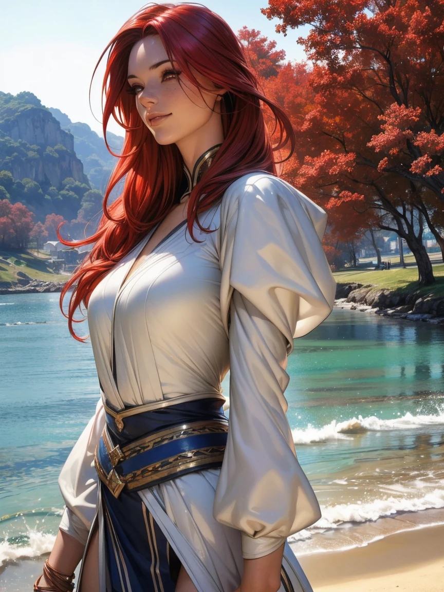 (photorealism:1.5) heroic female warrior, confident smile, wind blowing her red hair, bkue eyes, detailed light armor, majestic tree in the background, serene coastal village, vibrant colors, high contrast, cinematic, strong pose, sheer clothes, determined expression, epic, high-definition, adventurous atmosphere slight freckles, long eyelashes,
