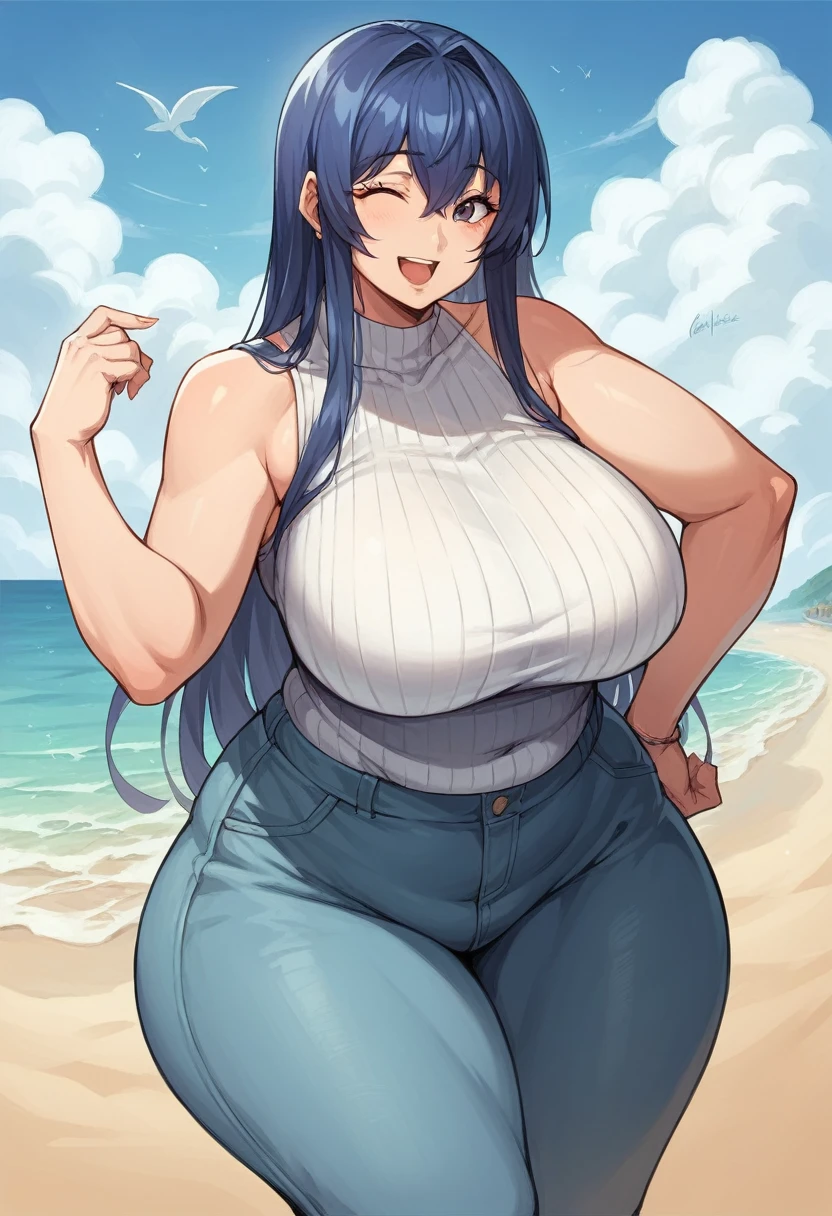 Score9, Score_8_up, Score_7_up,((beach in front of the sea shore)) mature woman,mature woman,aki nijou,long hair,1 girl, alone, (giant ass: 1.3), (thick thighs: 1.2), huge thighs, (wide hips: 1.2), cleft in the skin, smile, happy, (sleeveless top, pants short: 1,2), thighs and blunt, plump