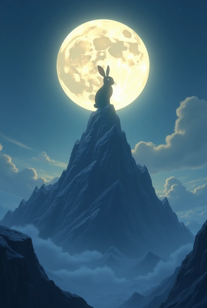 Prompt: "A majestic scene where Sakka, impressed by the rabbit’s sacrifice, lifts a mountain on the moon with his divine powers, imprinting the shape of the rabbit on it. The rabbit, now immortalized, looks down from the moon with a serene smile. The sky is a deep twilight blue, with the glowing full moon dominating the scene, showing the clear silhouette of the rabbit as a permanent mark on its surface."

