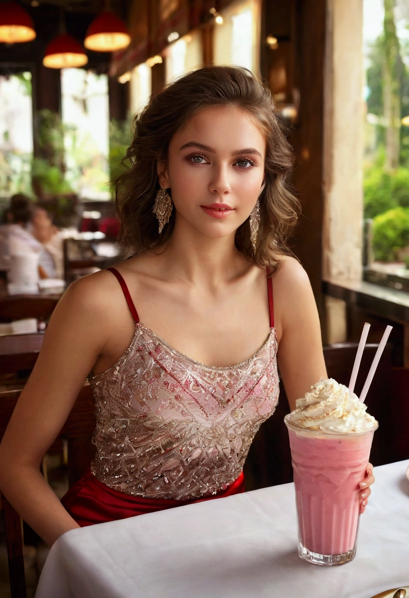 (masterpiece, best quality:1.5), highest quality, High resolution, super detailed, Realists, Full body photo of a young European brunette, detailed and beautiful brown eyes, very detailed eyes and face, longeyelashes, the young woman wears a long tank top with thin straps made of shiny red satin and long tight pants, beautiful natural makeup, elegant and noble々Pose, Gardens as background, soft daylight, bright colors, fine brushstrokes, shiny fabric for clothing, beautiful color palette, glowing skin, First-class rendering, that captures every detail, enchanting atmosphere, subtle shadows and lights, (perfect anatomy:1.2), (The stunning young woman sits in a restaurant and is excited, Milkshake on the table (magnificent panorama view:1.2)