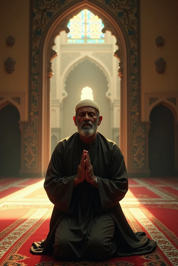 Muslim man cry in mosque realistic pic
