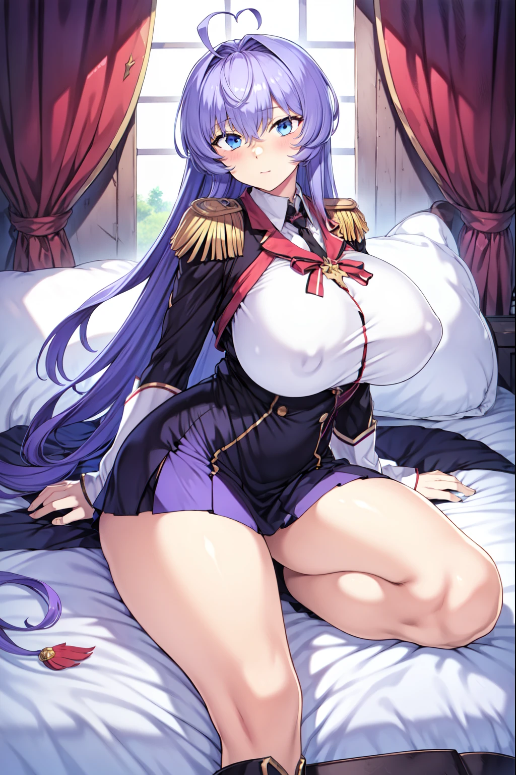 masterpiece, Highest quality,1girl,solo、large breasts,official、(((White Disciplinary Committee Chairperson、Noein)))、Ahoge、Fluttering Hair、Very long purple hair、Wearing white military uniform、Adult woman with long hair and sword、Epaulettes、Purple Skirt、Blue Eye、RAW Color,Clear images、dark color、tall、Purple high boots 30cm above the knee、Purple high boots 30cm above the knee、Sharp Eye