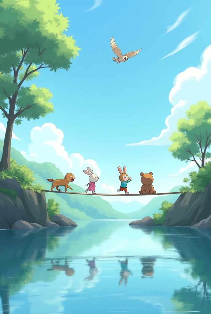 A wide, serene river with a bridge that seems to be made of air, almost invisible, reflecting only the sky and the surrounding trees. Tico, o coelho, jumps confidently across the bridge, while Luna, The owl, fly above, and Bento, the bear, advance carefully, testing the invisible path.
