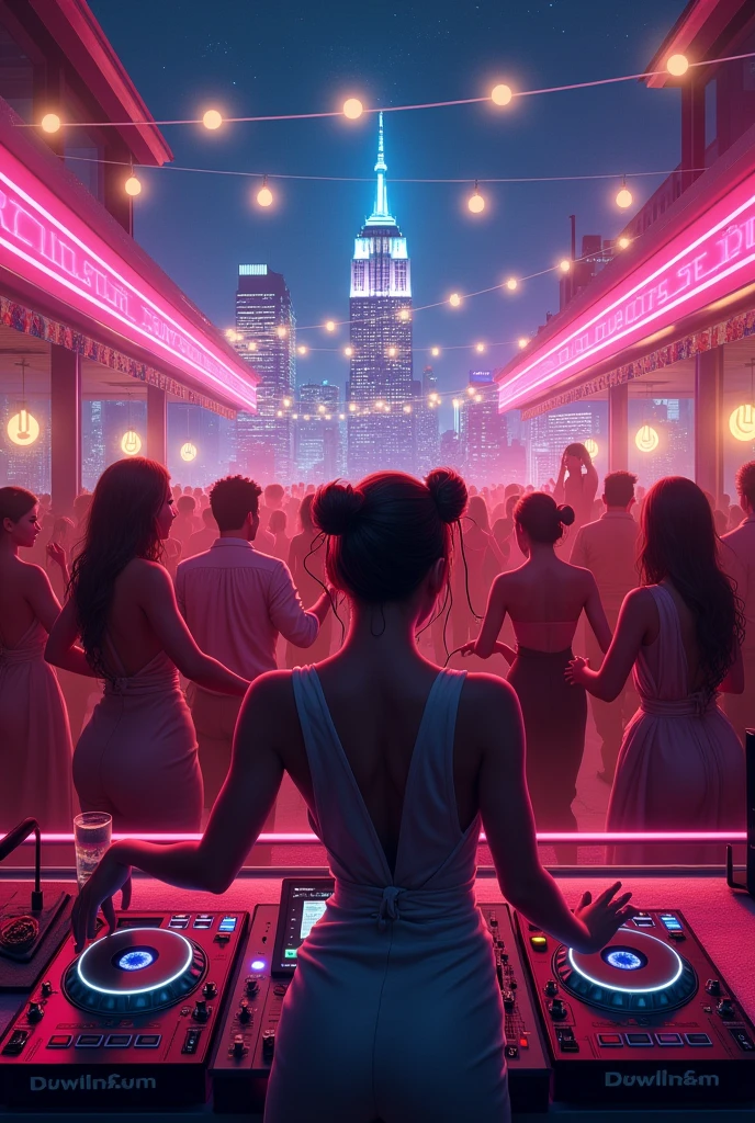 People Party rooftop bar, hyperrealistic, new york, Out of the view of a DJ