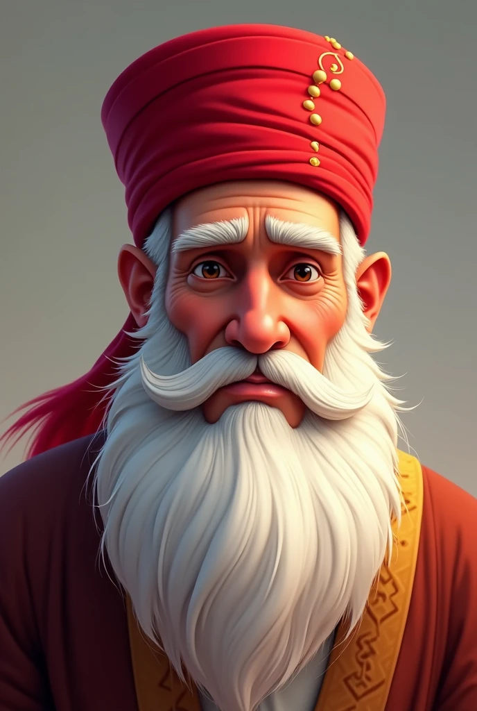 An animated picture of a handsome Arab sheikh wearing a red effendi fez on his head, with a thick white beard and beard. 