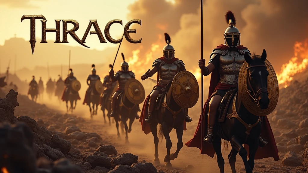 (photographie ultra-réaliste) Armée de thrace dans la grèce antique portant des armures reflétant la lumière, des casques de hoplites, des capes dorée, munie de leurs lances d'argents et leurs bouclier dorés, ils chargent vers les ennemies à pied ou à cheval, sur un champ de bataille apocalyptique dévasté, jonché de cadavres. En arrière plan on aperçoit la ville de Troies en feu. Il est écrit "Thrace" dans le ciel en lettre gothique