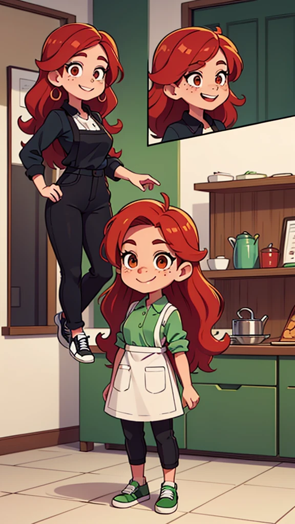 Beautiful woman, white complexion, long wavy red hair, brown eyes, expressive eyes, freckles on her face, smile, black pants, white blouse, green apron, full body, black shoes