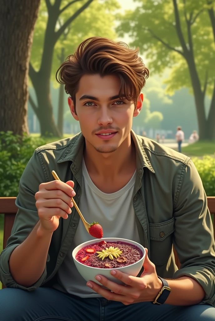 realistic man 25 to 35 years old, in park, salmonete, chestnut hair, brown eye eating acai in a cup in the park, ultra HD, high qualiy, best qualityer, high resolution, 8k, 16K