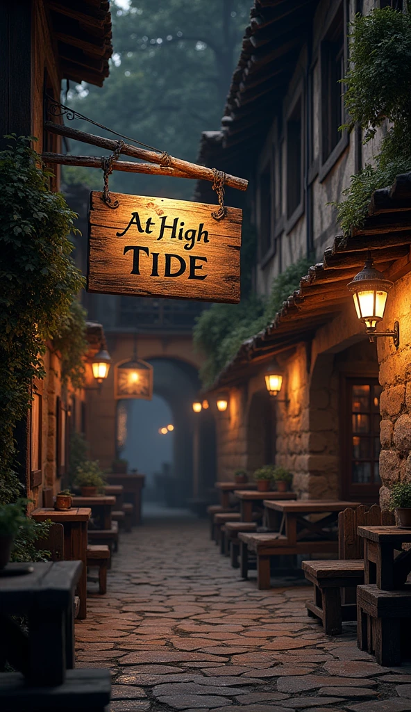 A medieval tavern named after "At High Tide". A discreet place, with a weathered wooden sign swaying in the wind and narrow windows that barely let in any light.