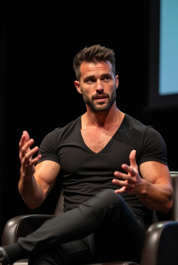 a very handsome muscular Italian man at the conference.
He has a hard jawline, dimpled chin.
He is wearing a very silky black fit tshirt and black trousers.
He is sitting comfortably on a chair. He is captured mid speech in front.