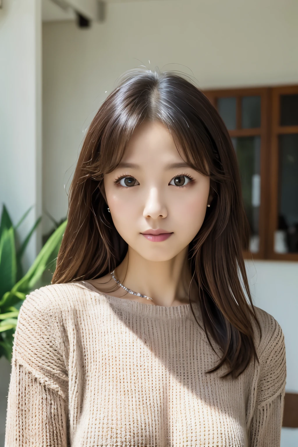 Masterpiece, Photogravure, High quality, Ultra-high resolution, 8K, Realistic, (Intricate details: 1.2), A skinny Japanese actress, 40 years old, {short|long} hair, cute face, detailed face, beautiful eyes, detailed eyes, small breasts, hourglass figure, anatomically correct body structure, (wearing a loose knit camisole next to the skin: 1.4), obscene pose, (tilted head: 1.2), looking into the camera. a photo captured at a refreshing room filled with sunlight, white floor, white walls, house hold items, (plants: 0.8), in summer. Top view photo, full-body photo