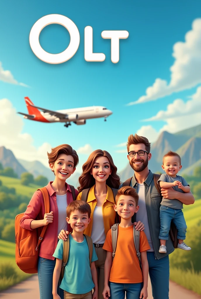 Travel company advertisement, with realistic people, cheerful colors, Airplane in the background, with the initials OLT highlighted 
