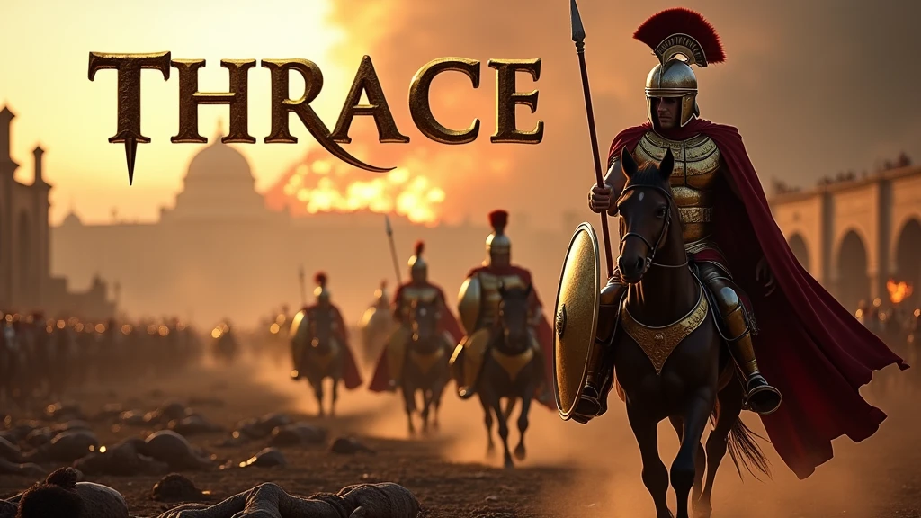 (photographie ultra-réaliste) Armée de thrace dans la grèce antique portant des armures reflétant la lumière, des casques de hoplites, des capes dorée, munie de leurs lances d'argents et leurs bouclier dorés, ils chargent vers les ennemies à pied ou à cheval, sur un champ de bataille apocalyptique dévasté, jonché de cadavres. En arrière plan on aperçoit la ville de Troies en feu. Il est écrit "Thrace" dans le ciel en lettre gothique