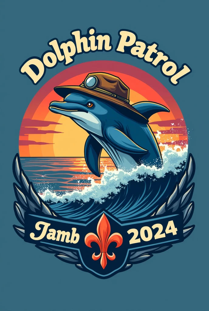 A flannel logo featuring a dolphin wearing an explorer&#39;s hat coming out of the water, with a sunset in blue and purple tones, that above it says Dolphin Patrol and below it has a text box in capital letters that says JAMBOREE 2024 with an elegant font, Below it has a fleur-de-lis and is framed Using this image created
