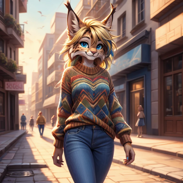 Masterpiece, best quality, high quality, 1 anthro, furry Lynx, has detailed textured fur, fur tufts, slim body, has small breasts, cute, wears sweater with  denim jeans, has multicolor hair, streaked hair, has blue and blonde hair, has Beautiful blue eyes, smile, walking, in the street, sunny day