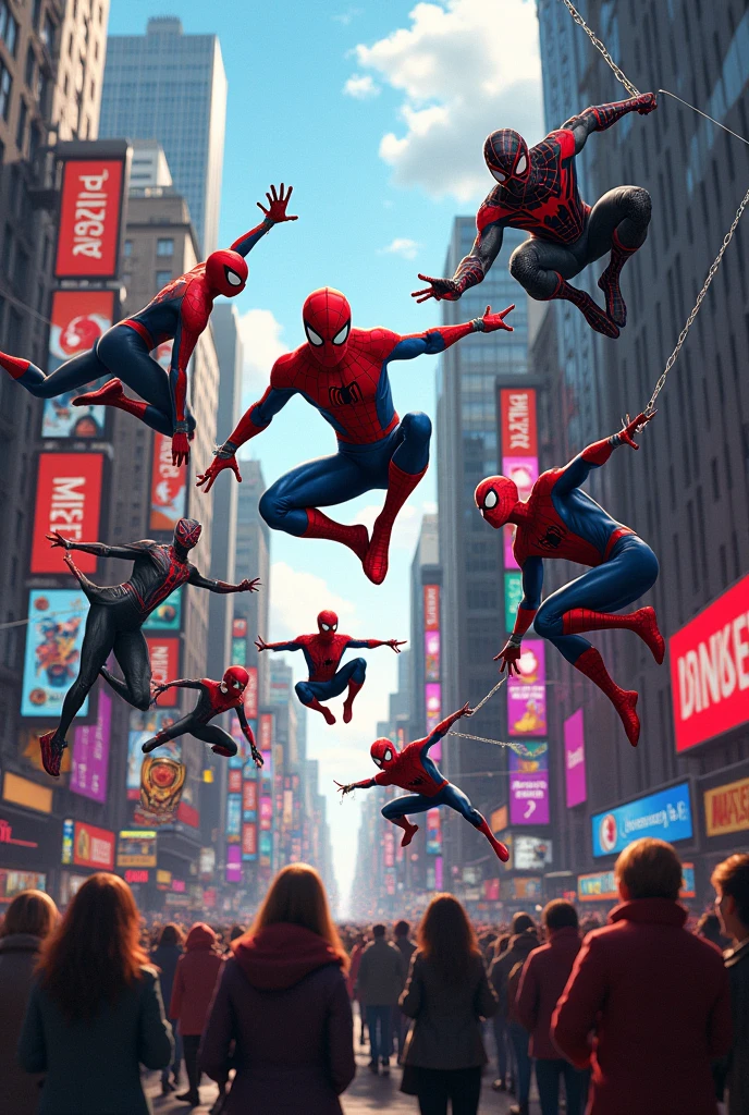 I want you to create an image of all the spiderman on the street
