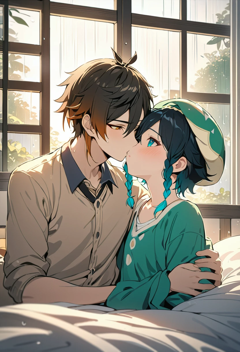 (masterpiece,best quality,4k,8k,highres:1.2),A couple embracing in bed, visible through a window, detailed anime style characters, happy scene, rainy window, dramatic lighting, romantic, intimate, emotional, soft lighting, warm tones, cozy, gentle, tender,2boys,venti,zhongli,hires,size_difference,flat chest,kissing,blushing,eyes closed,lips parted,breathing heavy