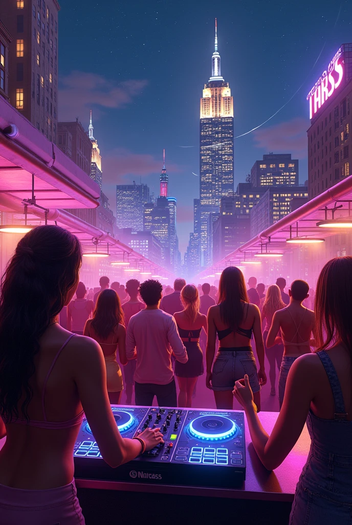 People Party rooftop bar, hyperrealistic, new york, Out of the view of a DJ