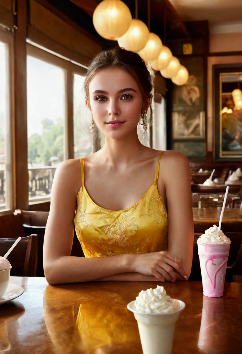 (​masterpiece, best quality:1.5), highest quality, High resolution, super detailed, Realists, Full body photo of a young European brunette, detailed and beautiful brown eyes, very detailed eyes and face, longeyelashes, the young woman wears a long tank top with thin straps made of shiny yellow satin and long tight pants, beautiful natural makeup, elegant and noble々Pose, Gardens as background, soft daylight, bright colors, fine brushstrokes, shiny fabric for clothing, beautiful color palette, glowing skin, First-class rendering, that captures every detail, enchanting atmosphere, subtle shadows and lights, (perfect anatomy:1.2), (The stunning young woman sits in a restaurant and is excited, Milkshake on the table (magnificent panorama view:1.2)
