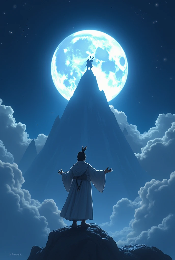 "Sakka, using his divine powers, molds a mountain on the moon to create the rabbit's image. The moon glows brightly in the night sky, with stars twinkling around it. The rabbit’s form is clearly visible on the moon’s surface, glowing softly. Sakka is depicted in the sky, hands outstretched, with a look of deep respect and admiration. The Earth below is shown as a beautiful, peaceful landscape, with the moonlight casting a serene glow."