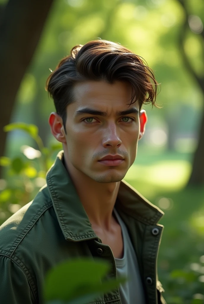 realistic man 25 to 35 years old, in park, salmonete, in park, ultra HD, high qualiy, best qualityer, high resolution, 8k, 16K