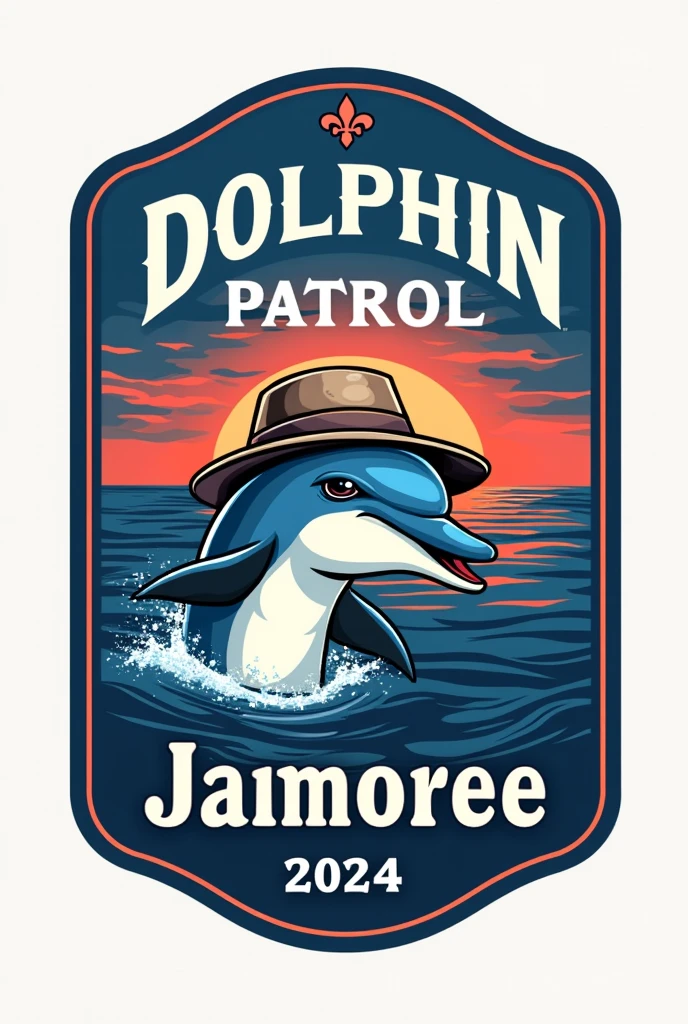 A flannel logo featuring a dolphin wearing an explorer's hat coming out of the water, with a sunset in blue and purple tones, that above it says Dolphin Patrol and below it has a text box in capital letters that says JAMBOREE 2024 with an elegant font, Below it has a fleur-de-lis and is framed Using this image created