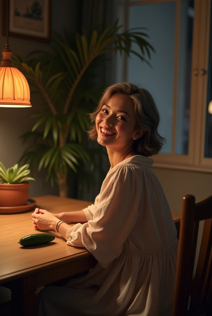 Woman 50 years old. Photo from behind. Sitting on table. Cucumber on table. Night dress.she look behind in camera. Happy face.wink
