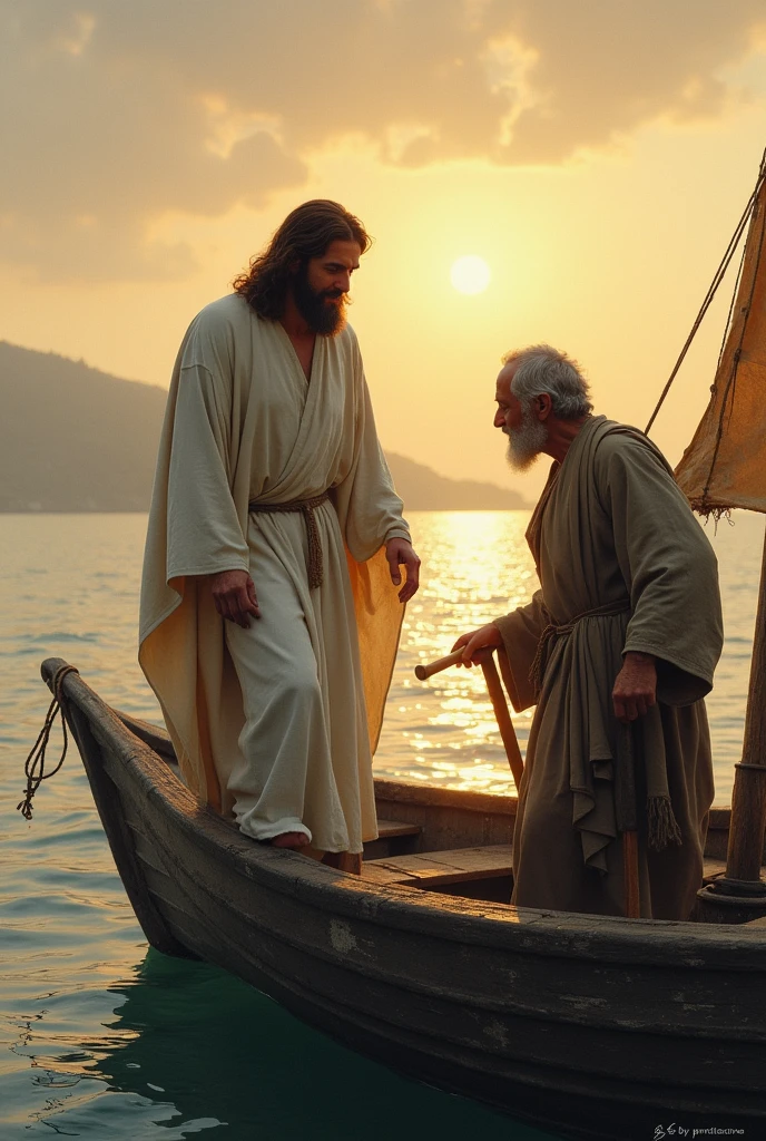 Jesus getting into the boat with Peter