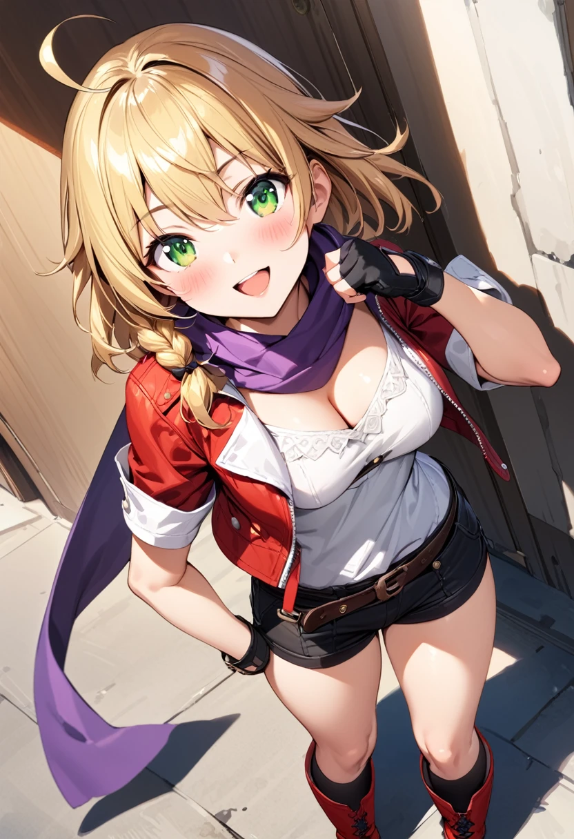 (masterpiece),(best quality),(ultra-detailed),(best illustration),(best shadow),(absurdres),(detailed background),(very aesthetic), 1girl, solo, blonde-hair, braid, boots, ahoge, shorts, gloves, fingerless-gloves, open-mouth, belt, socks, red-jacket, smile, breasts, black-socks, scarf, single-braid, reverse-grip jacket, side-braid, cleavage, medium-breasts, simple-background, kneehighs, green-eyes, looking-at-viewer, cropped-jacket, purple-scarf, bandana, red-footwear, kirisame-marisa, blush, knee-boots, standing, short-hair, open-jacket, shirt, black-gloves, :d, short-shorts, short-sleeves
