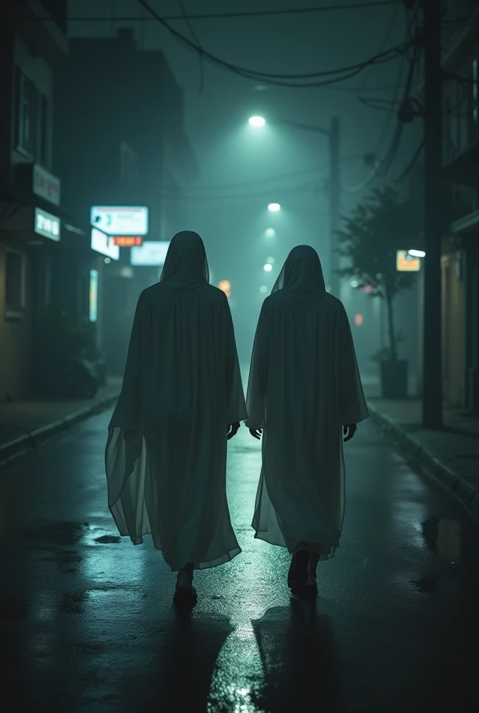 Create a mystery and suspense video with the following scenario: at night, on a deserted street with dim lighting, two angels dressed in white, no wings, are walking slowly. They convey a sense of tranquility mixed with an enigmatic aura.. The scene should capture the calm of the night and the silence that surrounds the angels' walk.. Focus on the details of their white robes and their firm steps., while the camera also highlights the shadows and darkness around. The goal is to create an atmosphere of mystery and expectation., suggesting that these angels are on a secret mission. Conclude the video with a sense of intrigue, leaving the audience questioning the purpose of the angels' presence and what might come next.