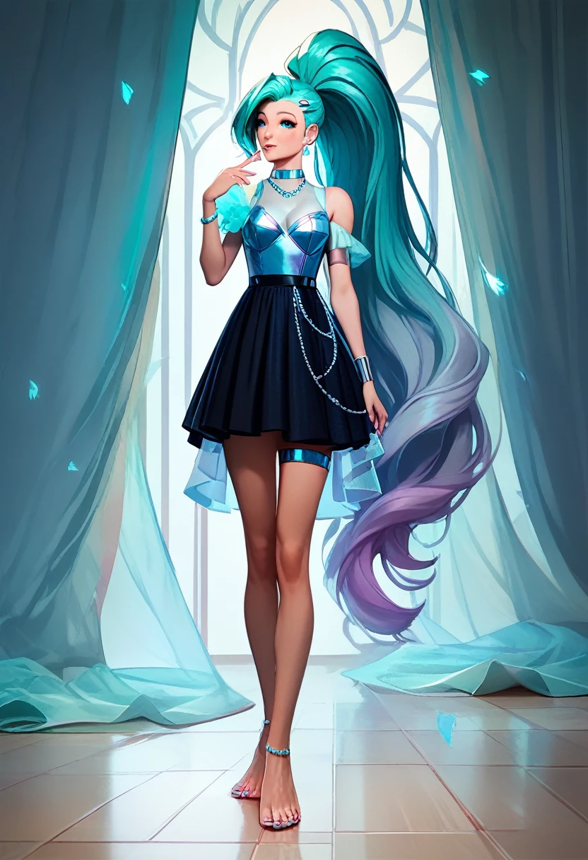 ((Full body photo, standing, feet on the floor)) score_9, score_8_up, score_7_up, score_6_up, score_5_up, score_4_up, 1girl, seraphine (KDA), aqua hair, ponytail