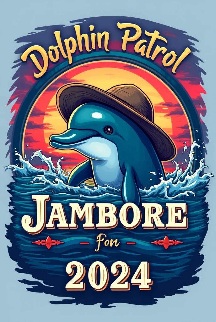 A flannel logo featuring a dolphin wearing an explorer&#39;s hat coming out of the water, with a sunset in blue and purple tones, that above it says Dolphin Patrol in Spanish and below it has a text box in capital letters that says JAMBOREE 2024 with an elegant font, Below it has a fleur-de-lis and is framed Using this image created