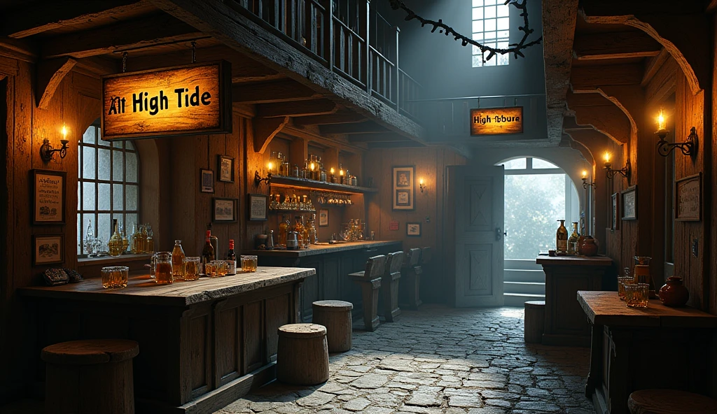 A medieval tavern named after "At High Tide". A discreet place, with a weathered wooden sign swaying in the wind and narrow windows that barely let in any light.