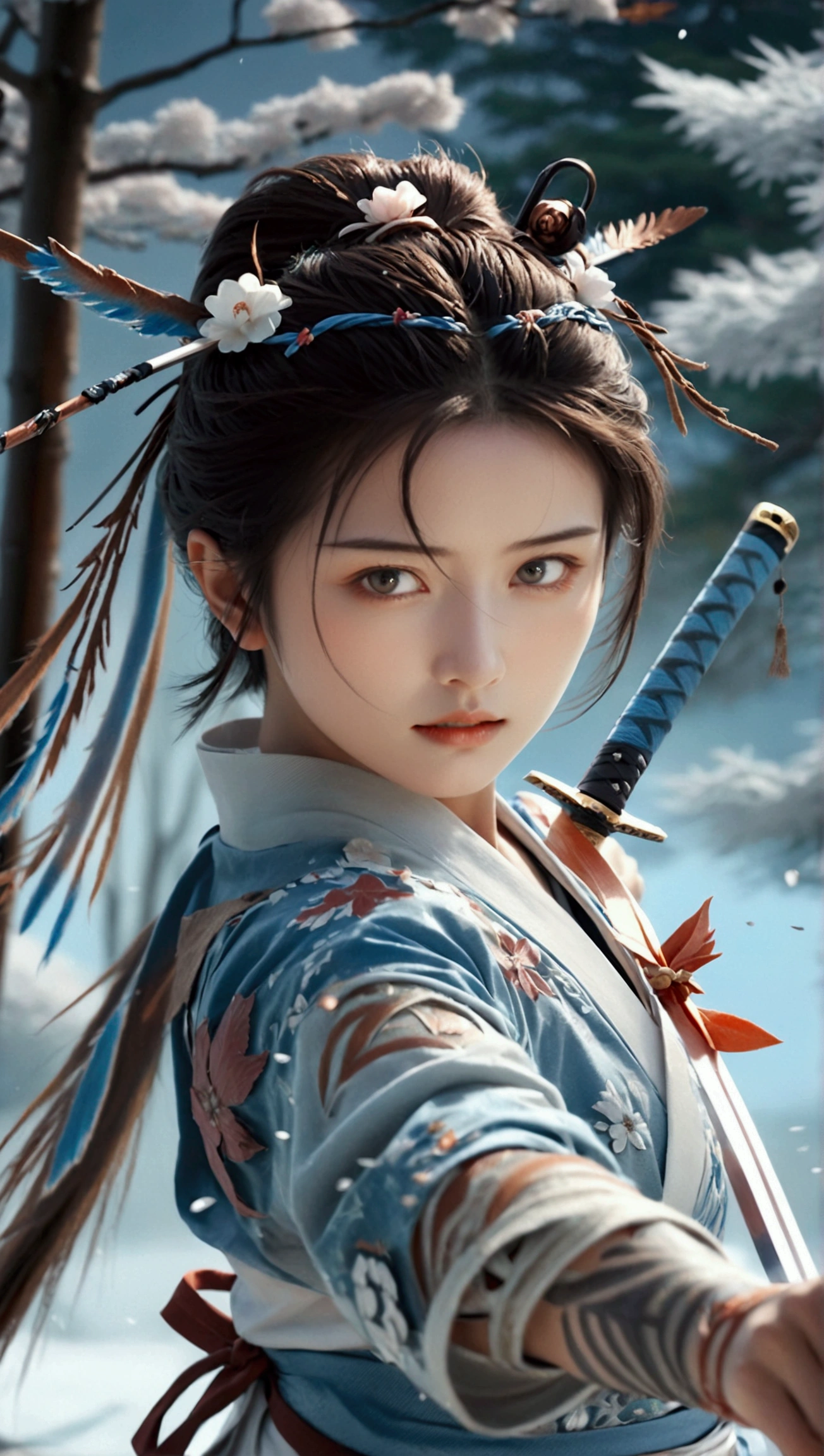 (Japanese sword &reference;Muramasa 2&reference;.2)Beautiful 27 year old woman、Japanese women、Tie your hair back、Hair ornament artist、Shinobi Costume、Warrior、Clear Eyes、{Arm tattoo(SakuraFubuki}'Back Tattoo、Warrior、(Japanese swordを両手で構える、1.3)(Japanese sword1.2)Intermediate position、In front of the body、(Holding a sword horizontally 1.3)、whole body、Long Blade Sword、Realistic battle scenes、敵Warriorの返りBlood、Blood、High resolution、Highest quality、Very detailed、8k、background、The castle is burning、Sparks fly、