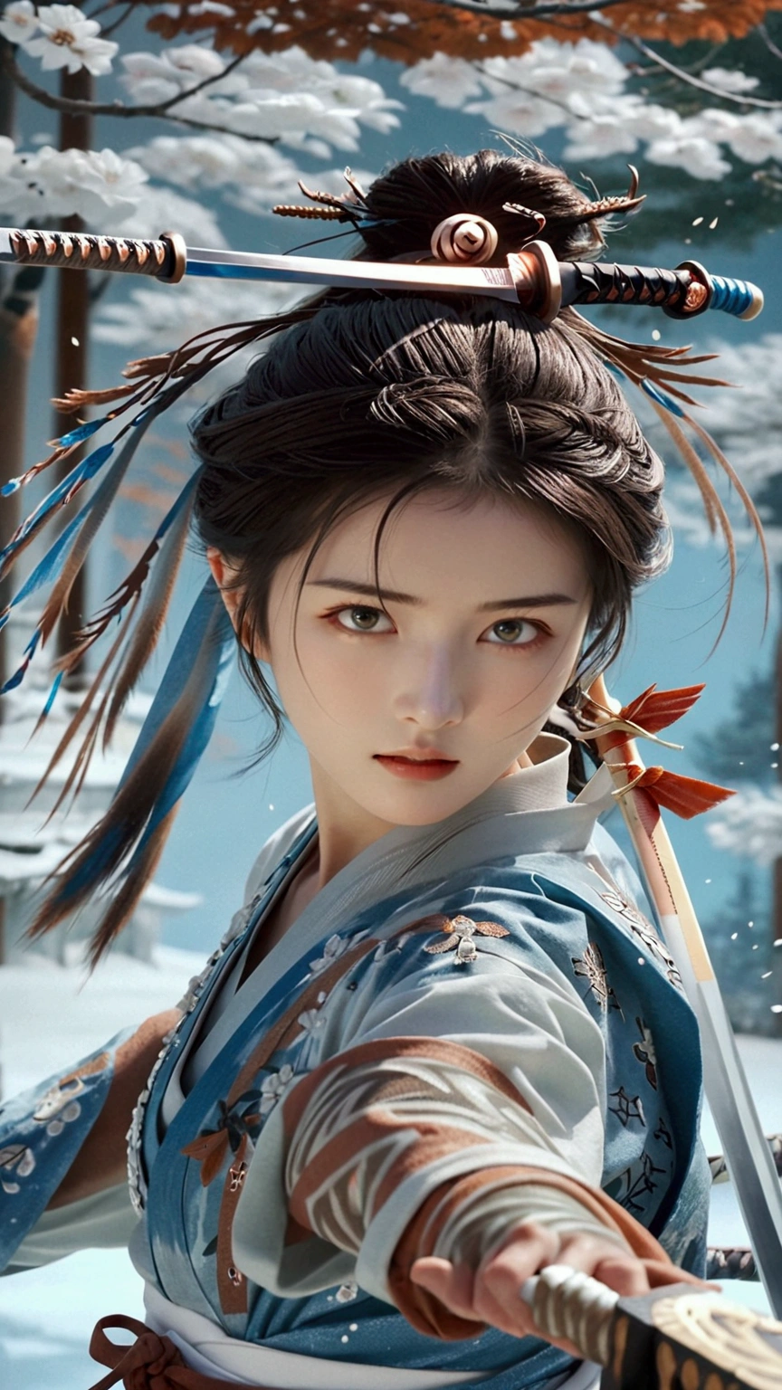 (Japanese sword &reference;Muramasa 2&reference;.2)Beautiful 27 year old woman、Japanese women、Tie your hair back、Hair ornament artist、Shinobi Costume、Warrior、Clear Eyes、{Arm tattoo(SakuraFubuki}'Back Tattoo、Warrior、(Japanese swordを両手で構える、1.3)(Japanese sword1.2)Intermediate position、In front of the body、(Holding a sword horizontally 1.3)、whole body、Long Blade Sword、Realistic battle scenes、敵Warriorの返りBlood、Blood、High resolution、Highest quality、Very detailed、8k、background、The castle is burning、Sparks fly、