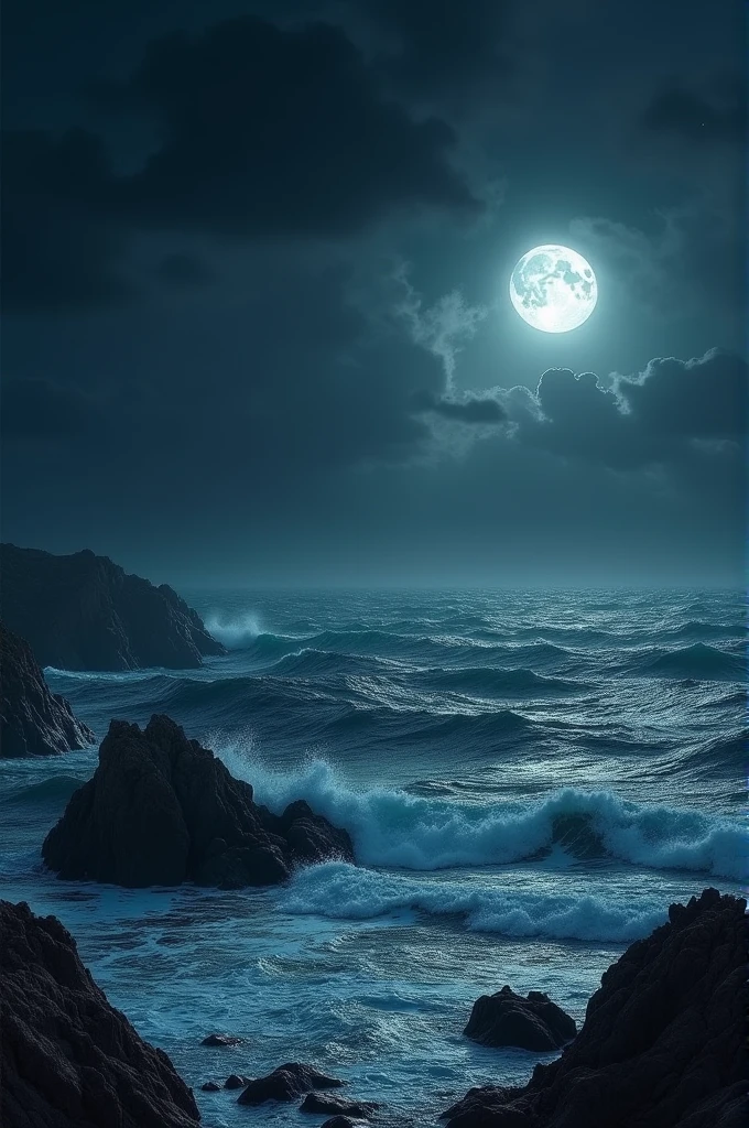A horizontal image of the dark ocean with waves and rocks, with a space in the sky, and with a full moon in a corner