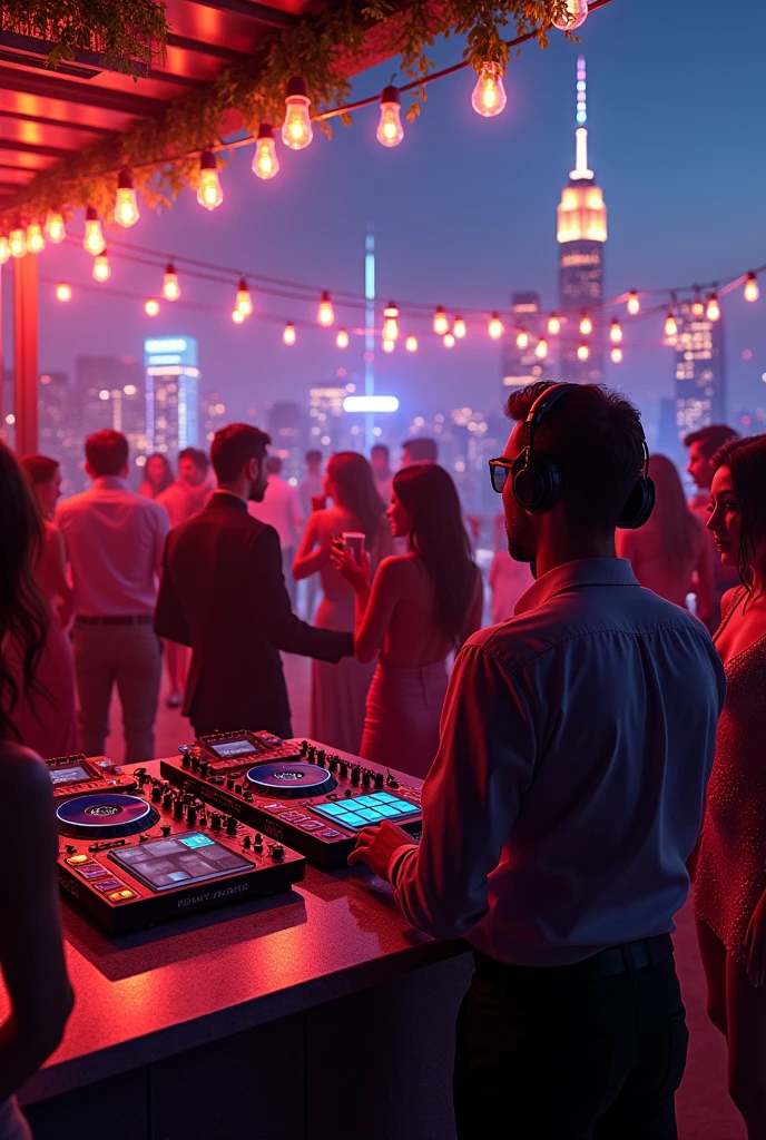 People Partiing at a rooftop bar, hyperrealistic, new york, from the view of a DJ