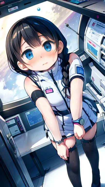 (Highest quality), (masterpiece), 1080P, High resolution, 4K, 8k, Inside the space station、Futuristic room、Thigh straps, Shooting from directly below, The woman on top of me, 白いSweat, Covered , Sweat, Woman looking down, Skirt swimsuit, Thigh-high socks, To achieve this, , , whole body, Black leather shoes, Braided hair, Inner Color, Embarrassed face, Short black hair, bracelet, Bedroom,celestial body_Vest